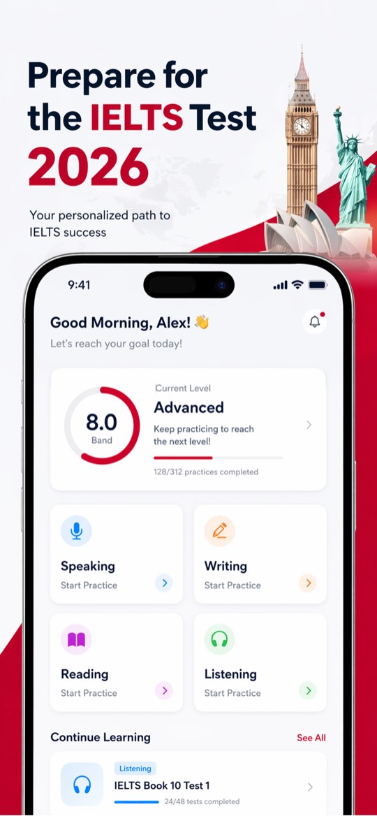 IELTS Prep App home screen with band score ring and the four practice modules