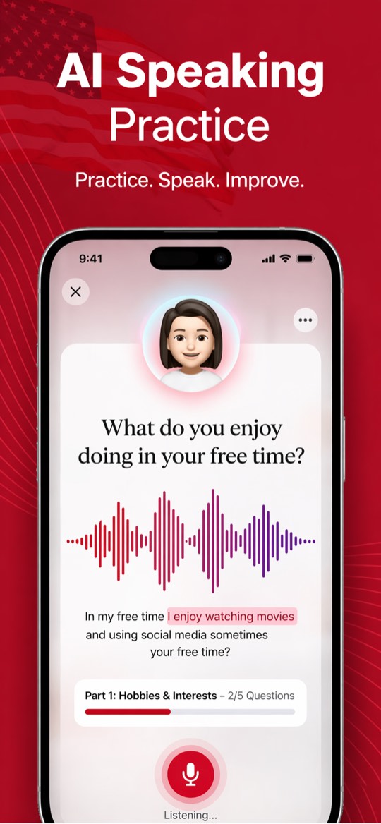 AI Speaking Practice screen with live transcript and corrections