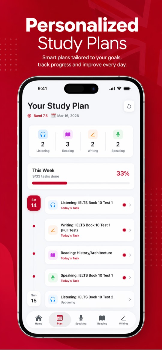 Personalized IELTS study plan screen
