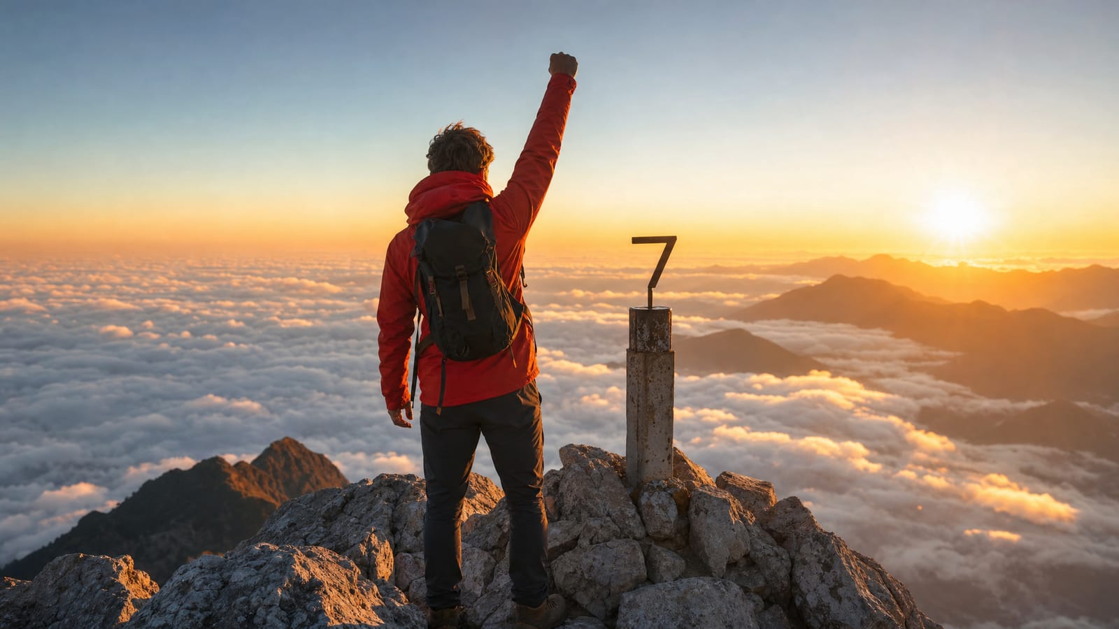 A hiker celebrating at a mountain summit marked with the number 7