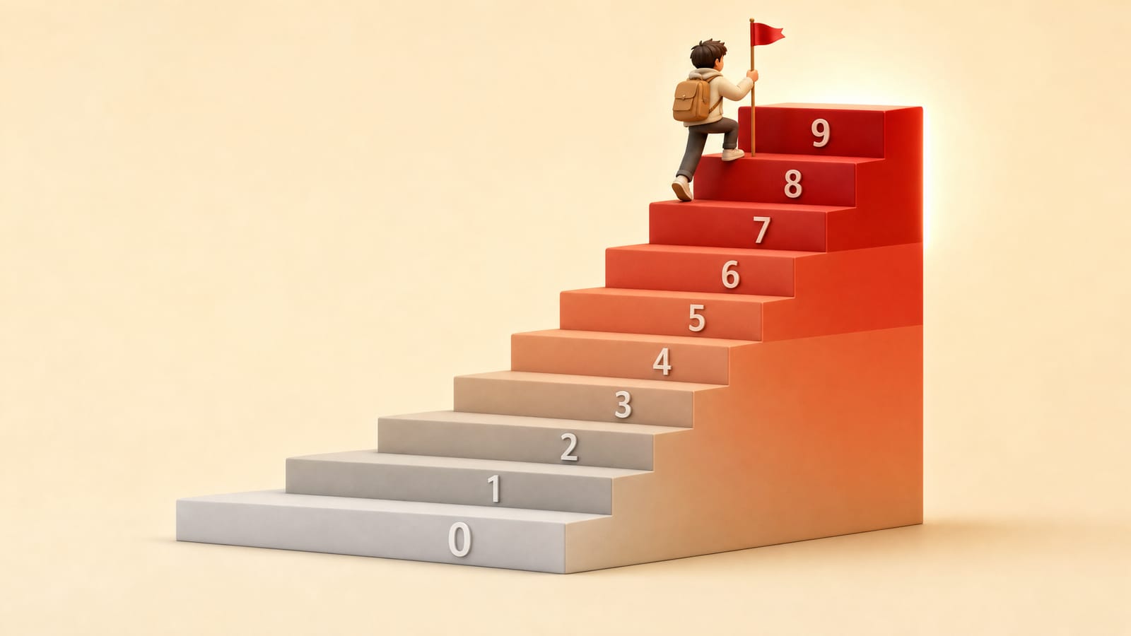 An illustration of a student climbing steps numbered 0 to 9, like the IELTS band scale