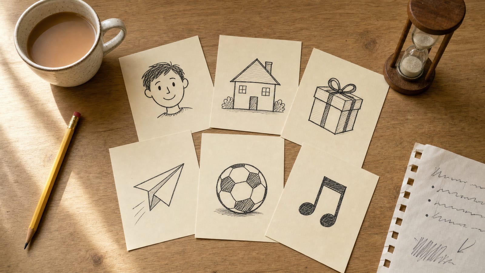 Six cue cards with hand-drawn icons for a person, a home, a gift, a trip, sport and music, beside a one-minute sand timer
