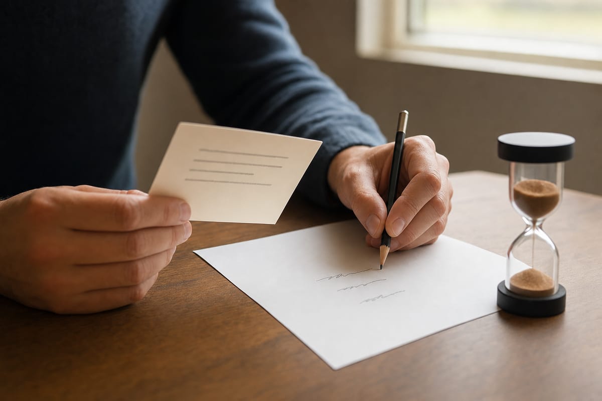 A candidate holding a cue card and writing a few key words, with a one-minute sand timer on the table