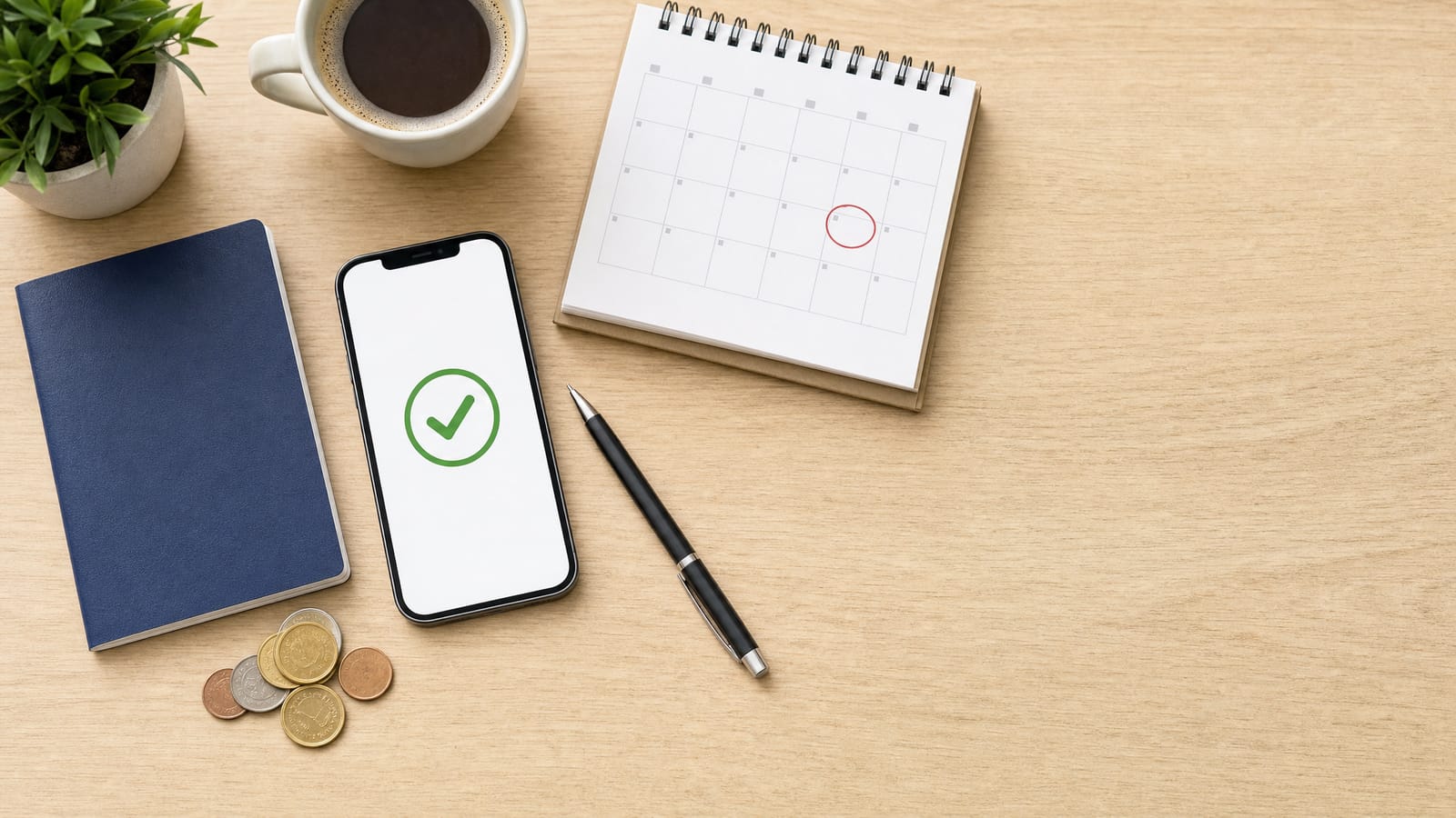 A passport, a phone showing a successful payment, coins and a calendar with the test date circled