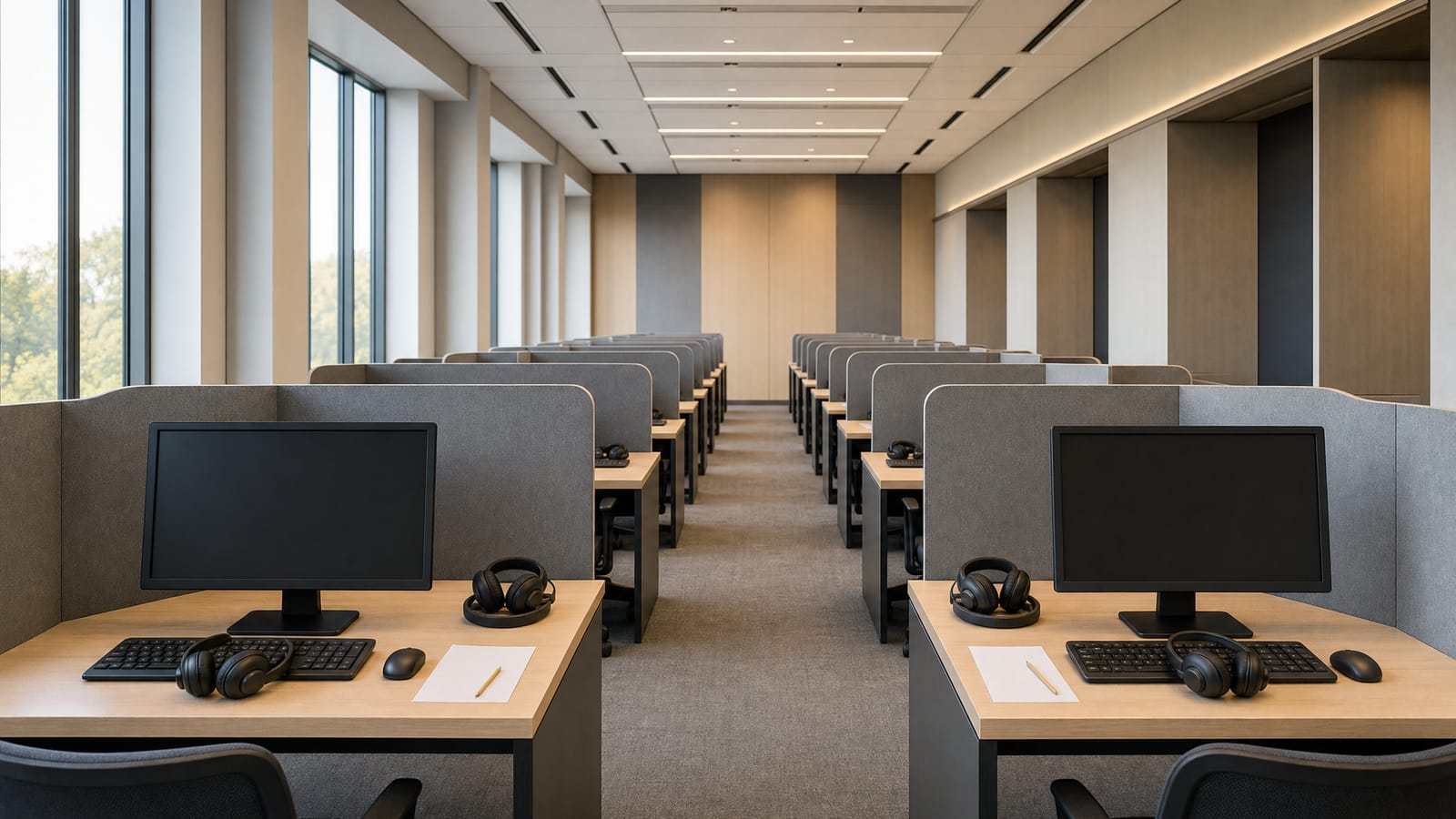 A row of computer desks with headphones and scrap paper, ready for a computer-based IELTS test