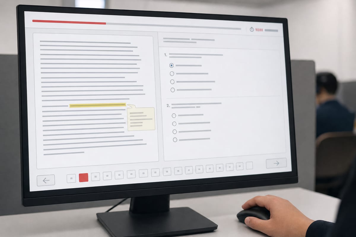 A computer-based reading test on screen, with a highlighted phrase in the passage, answer options and a countdown bar