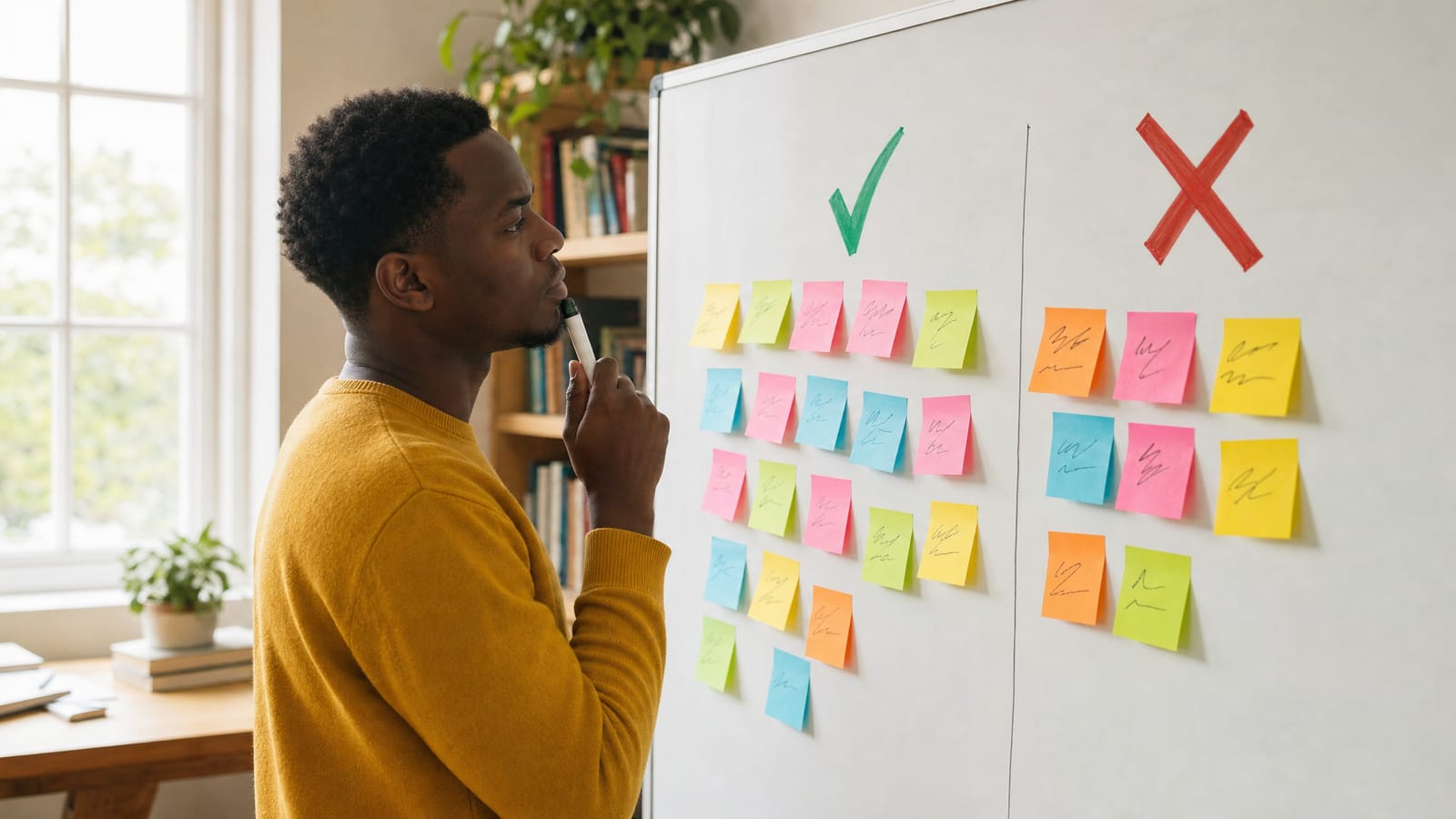 A student sorting sticky notes into agree and disagree columns on a whiteboard