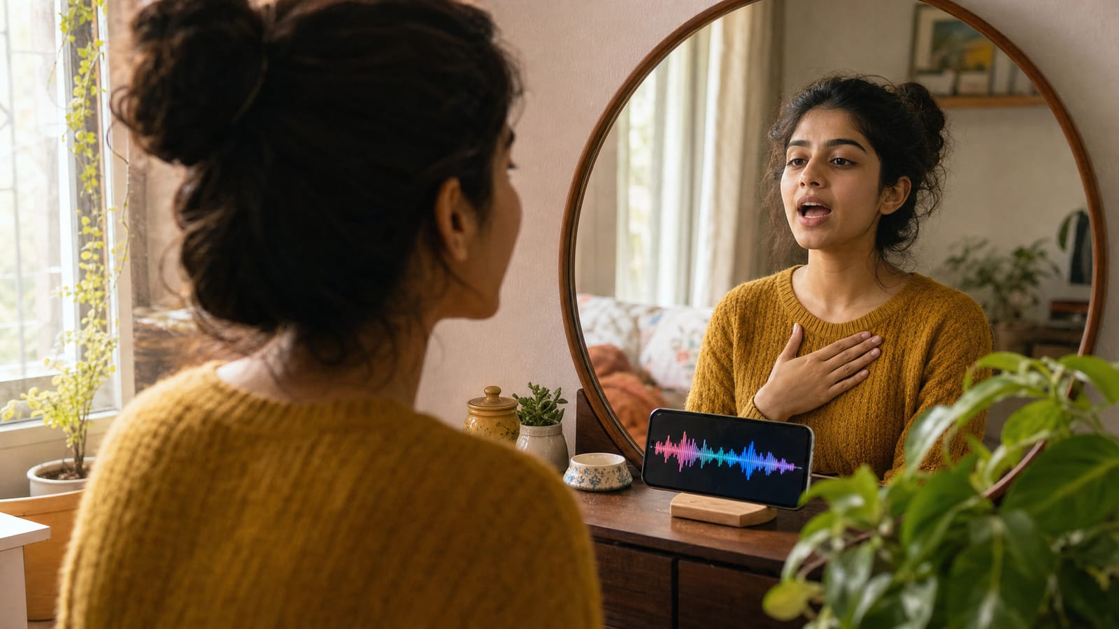 A student practising speaking in front of a mirror while her phone records her voice