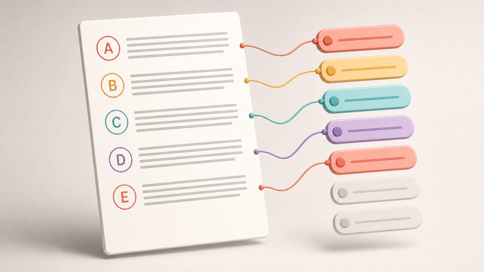 An illustration of five paragraphs, A to E, linked to matching headings, with spare headings left unused