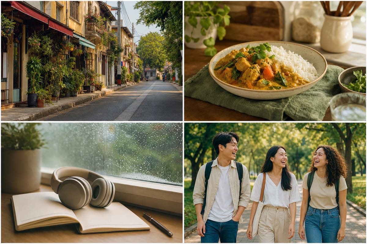 Four everyday scenes: a hometown street, a home-cooked meal, headphones by a rainy window and friends in a park