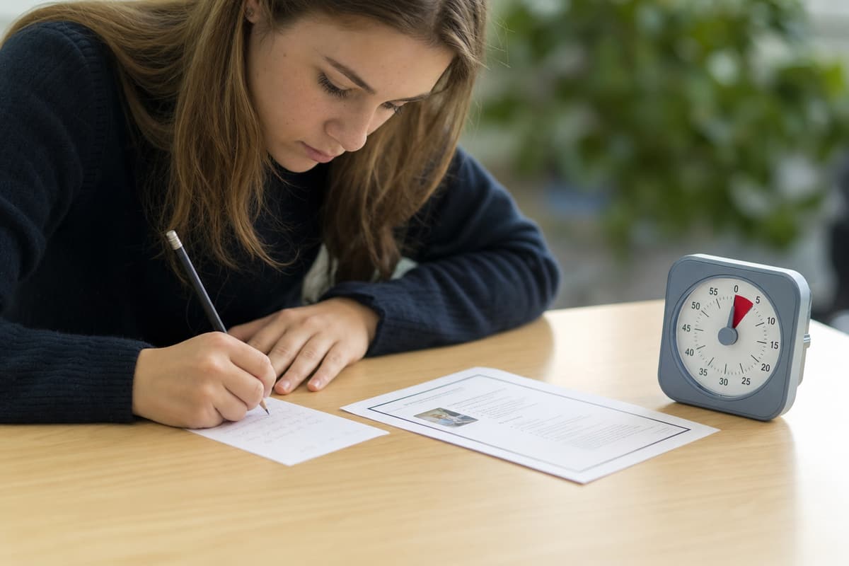 A student writing short notes on a card during the one-minute preparation time, with a timer on the table