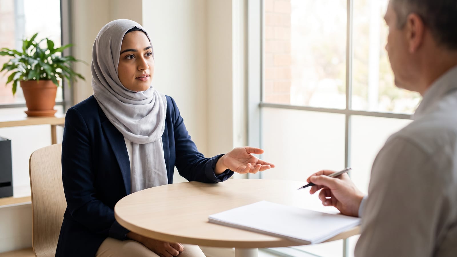 A student discussing ideas with an examiner in an IELTS Speaking Part 3 style conversation