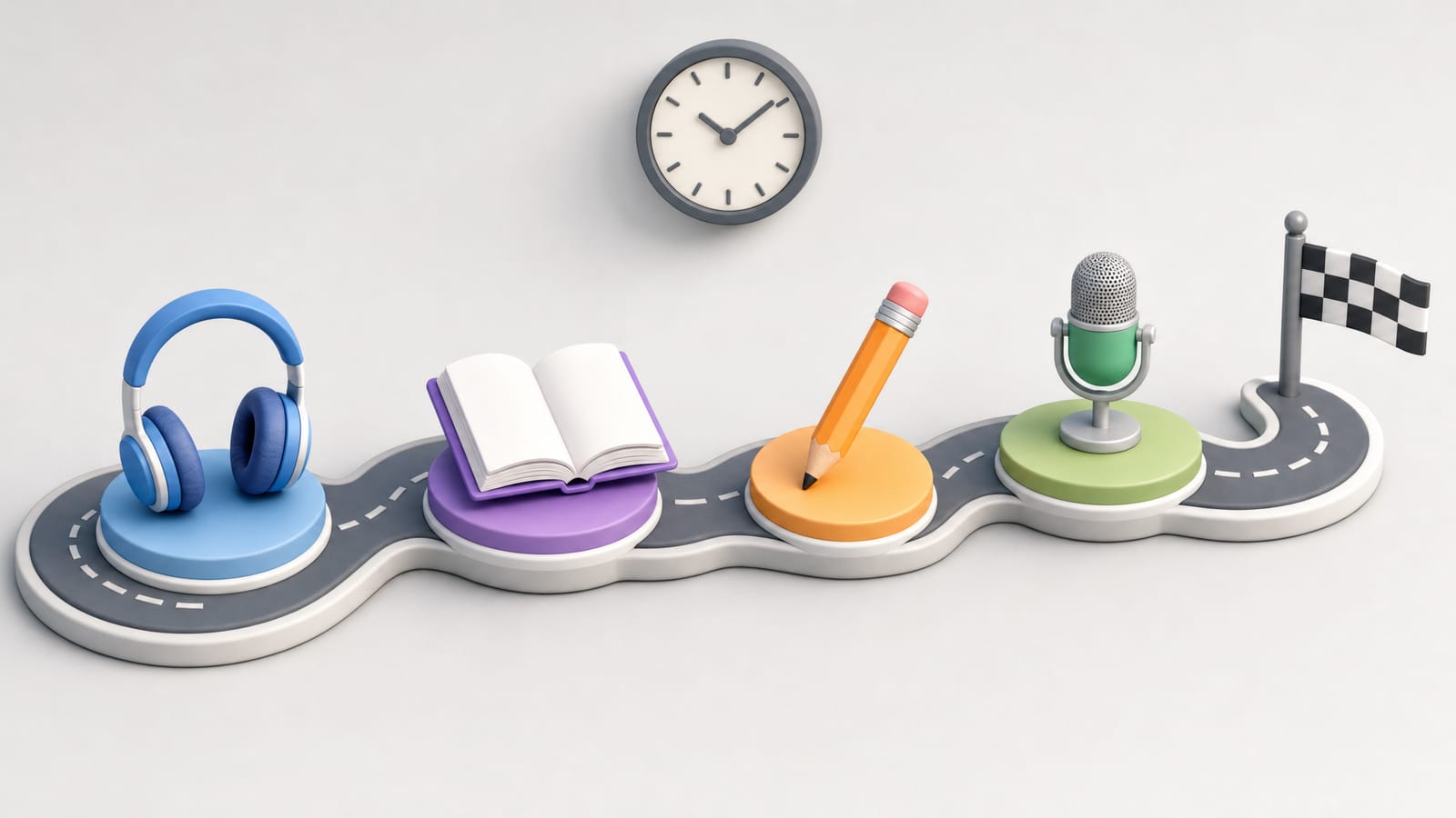 A road with stops for listening, reading, writing and speaking, ending at a finish flag