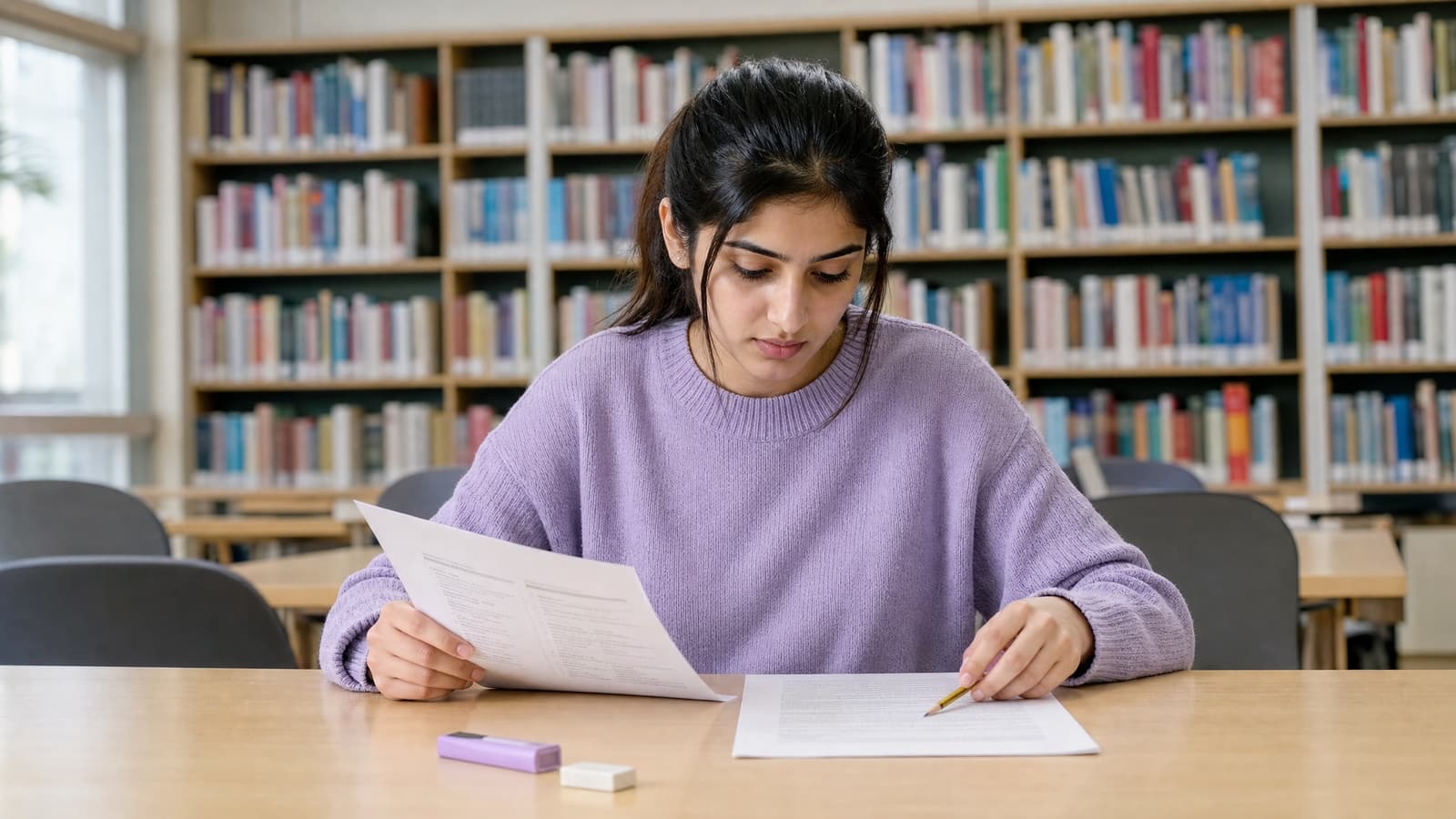 A student comparing an IELTS Reading question sheet with the passage, pencil in hand