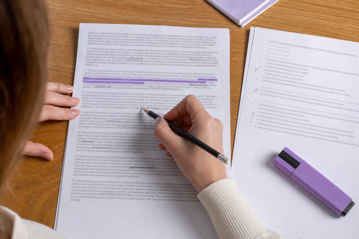 A reading passage with key words underlined in pencil next to a question sheet marked with a tick, a cross and a question mark
