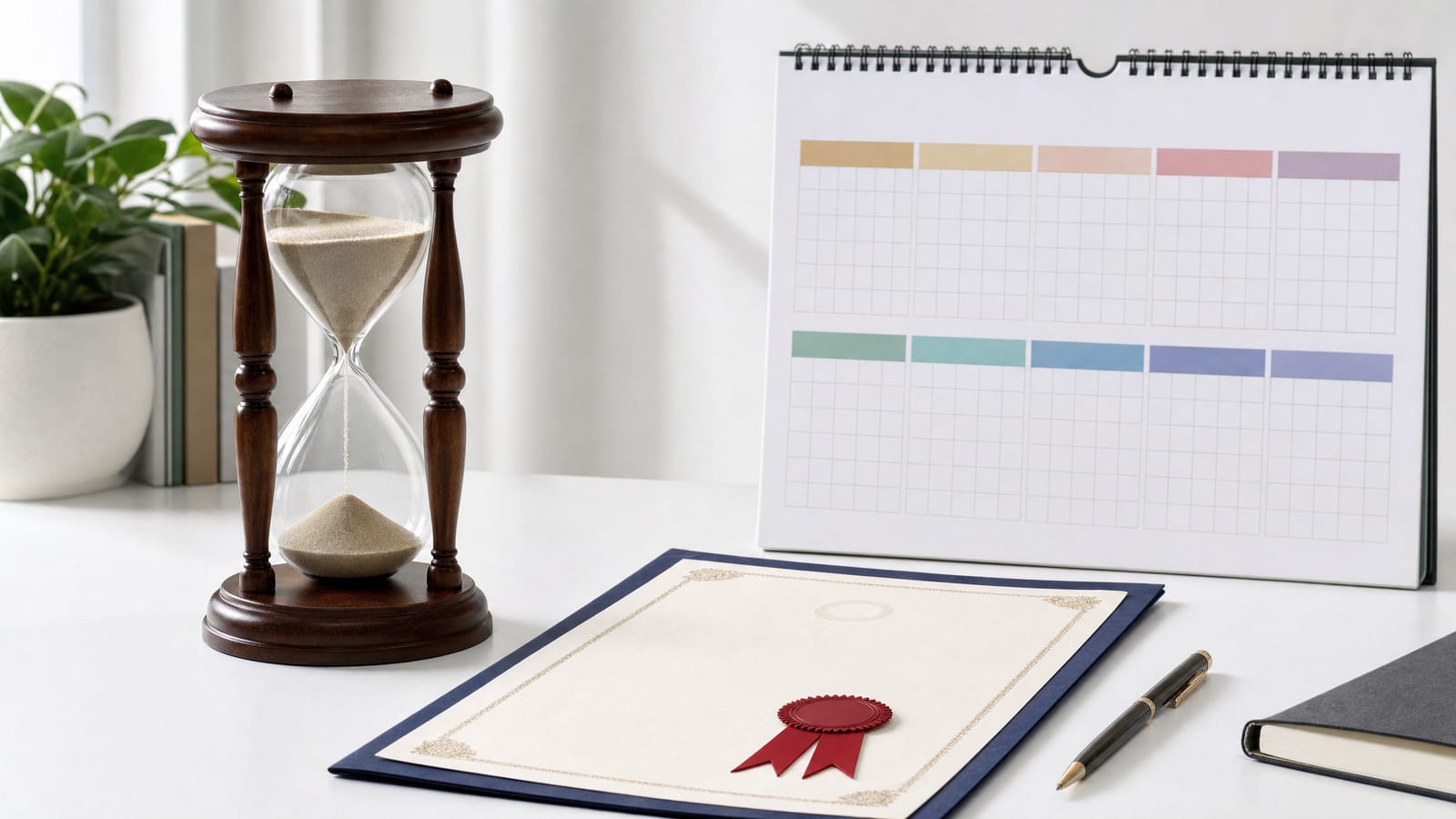 An hourglass beside a certificate and a two-year planner