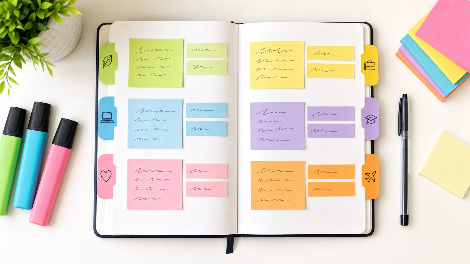 An open notebook organised with colourful topic tabs and sticky notes