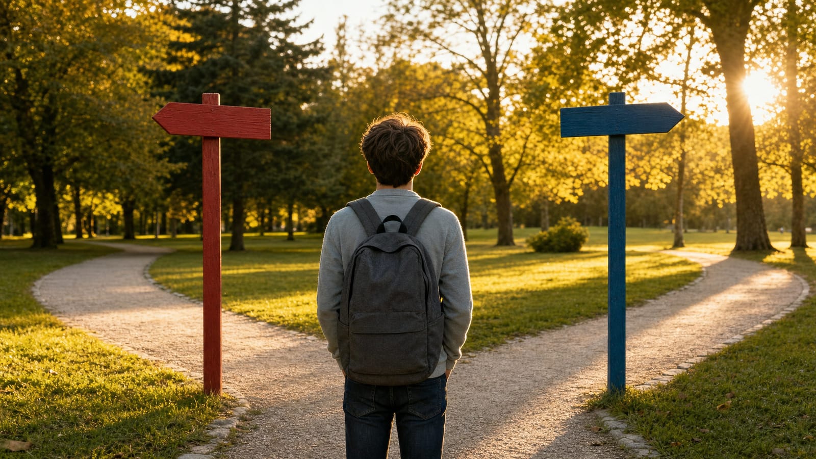 A student at a fork in a path between a red signpost and a blue signpost