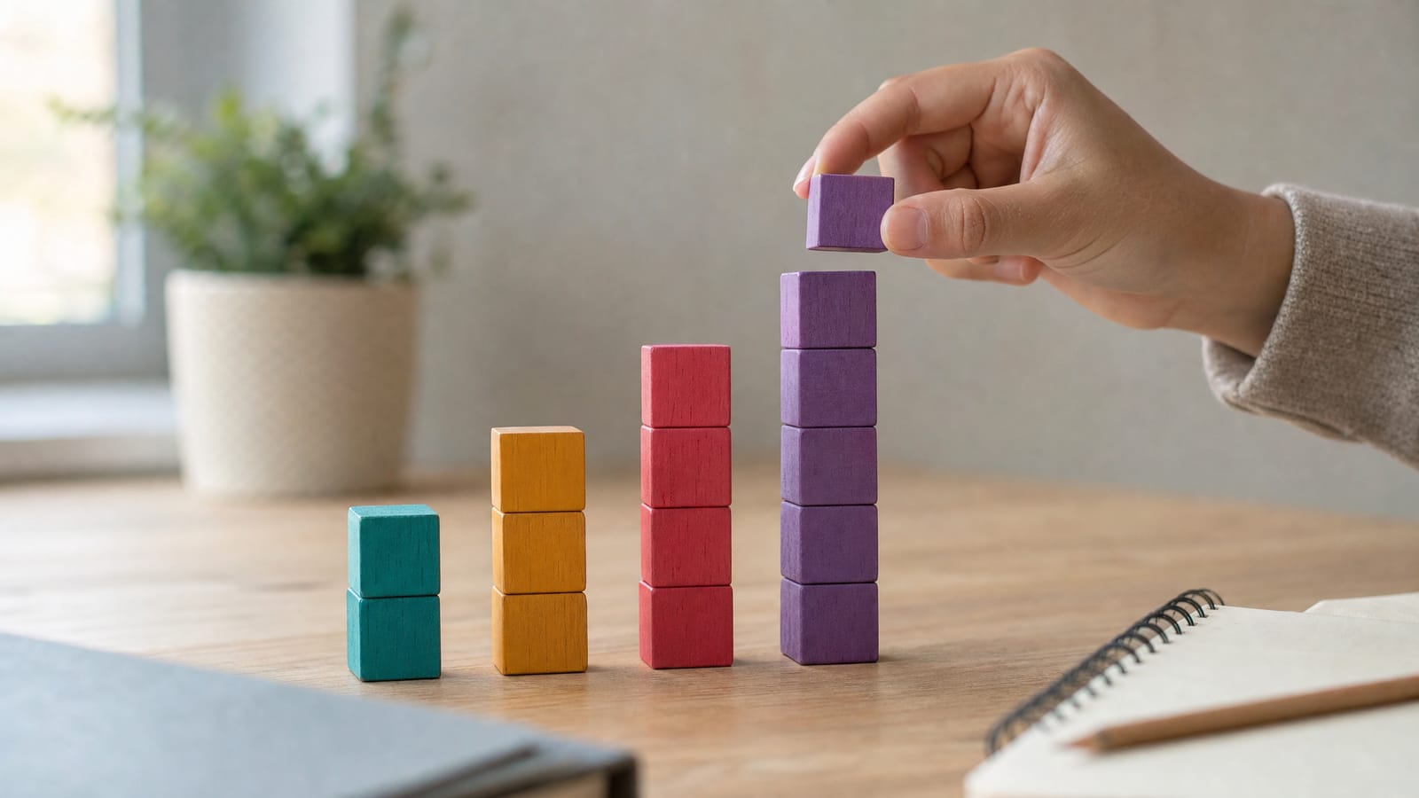 A hand placing the top block on a bar chart made of coloured wooden blocks