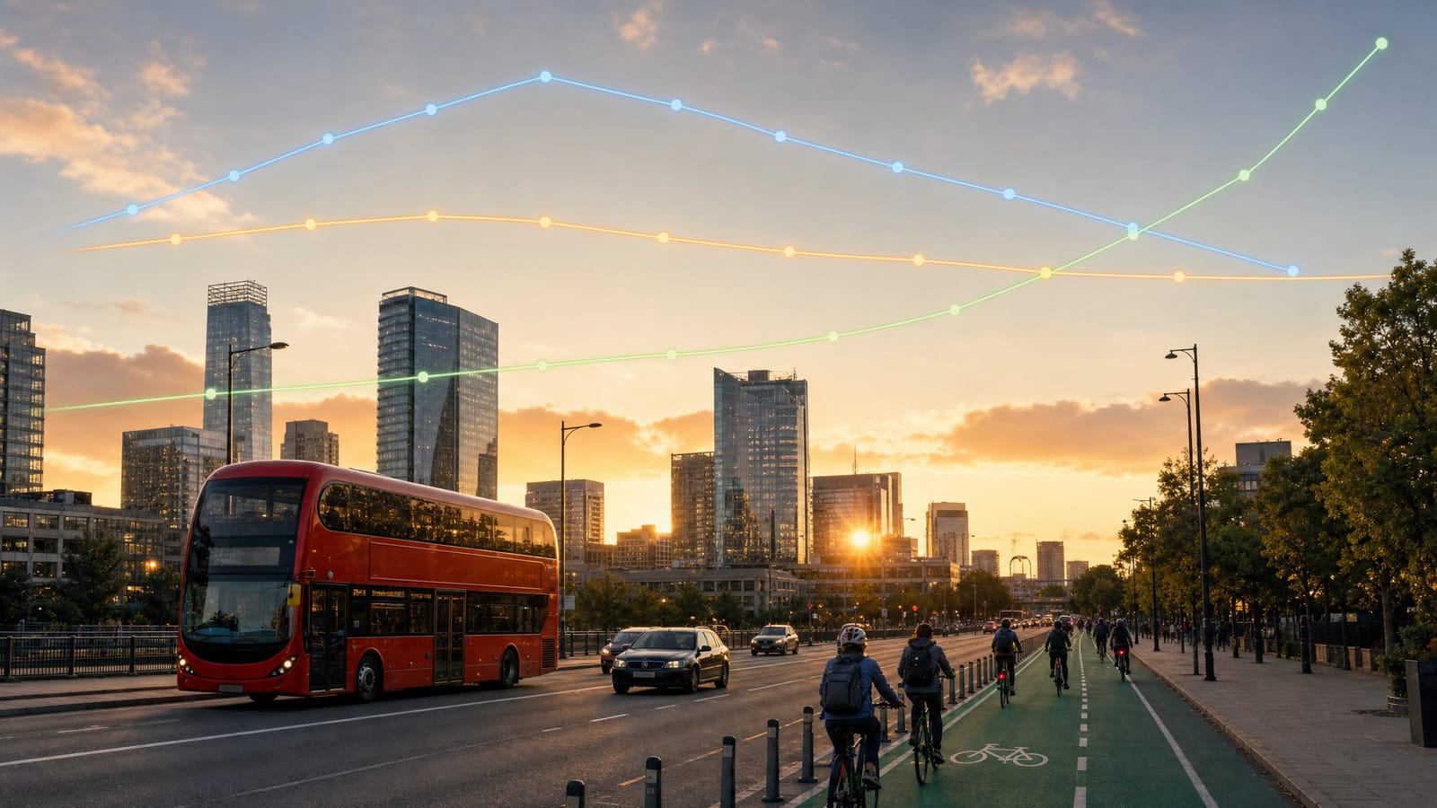 A city street with a bus, cars and cyclists, with a line graph drawn across the sky