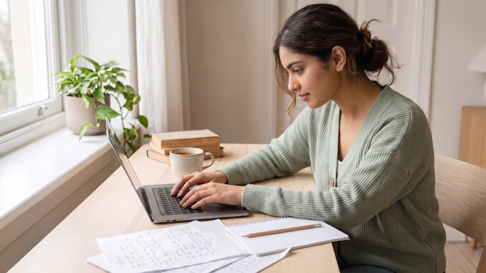 A student typing an IELTS Task 2 essay on a laptop, with her essay plan in a notebook beside her