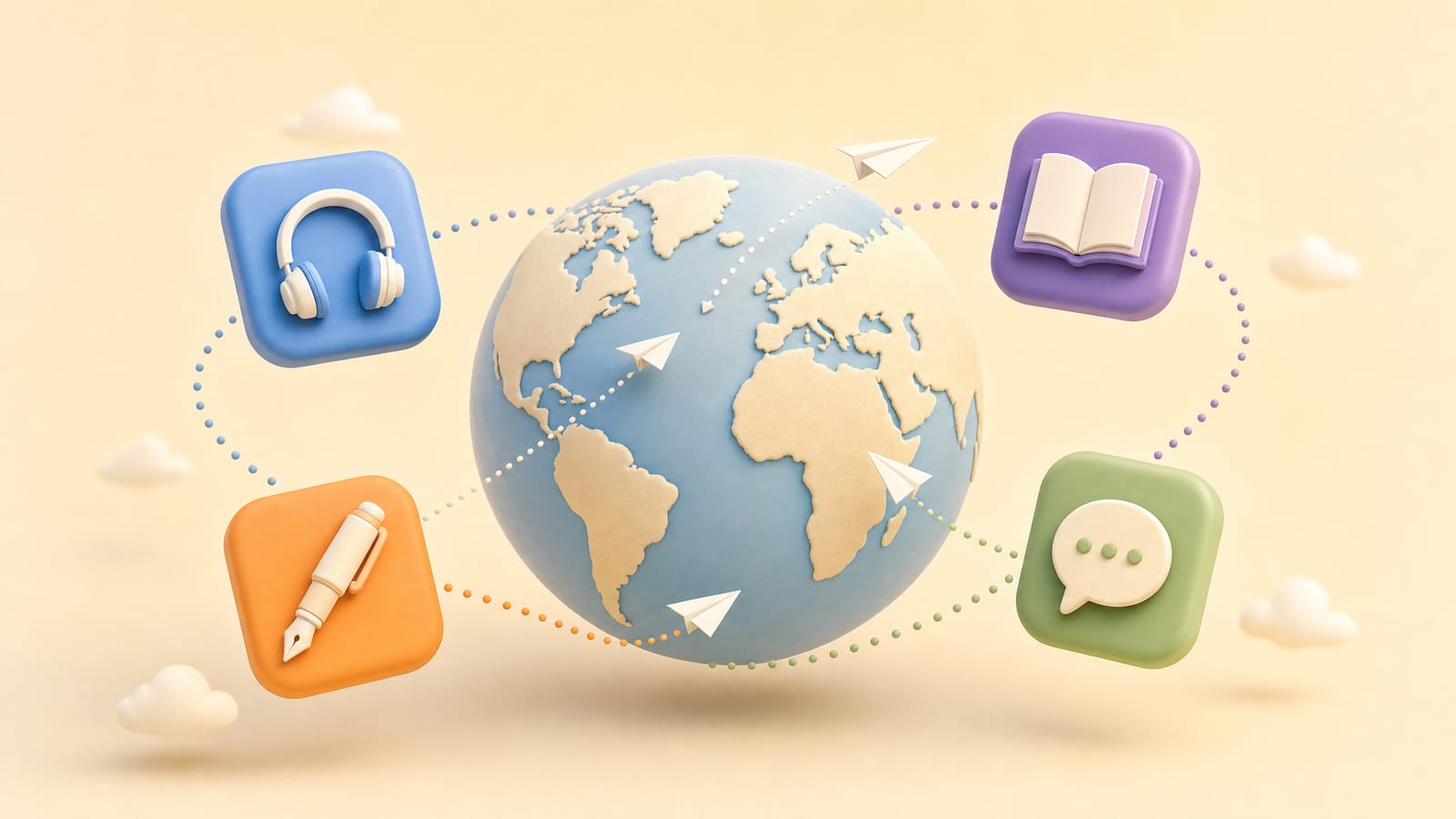 A globe surrounded by icons for listening, reading, writing and speaking